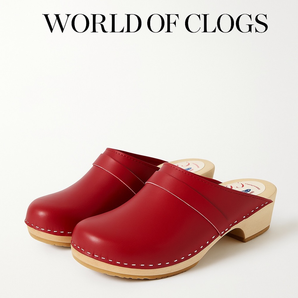 World of Clogs AM-Toffeln Swedish Style Leather Clogs Red (100) EU 43 |US W12